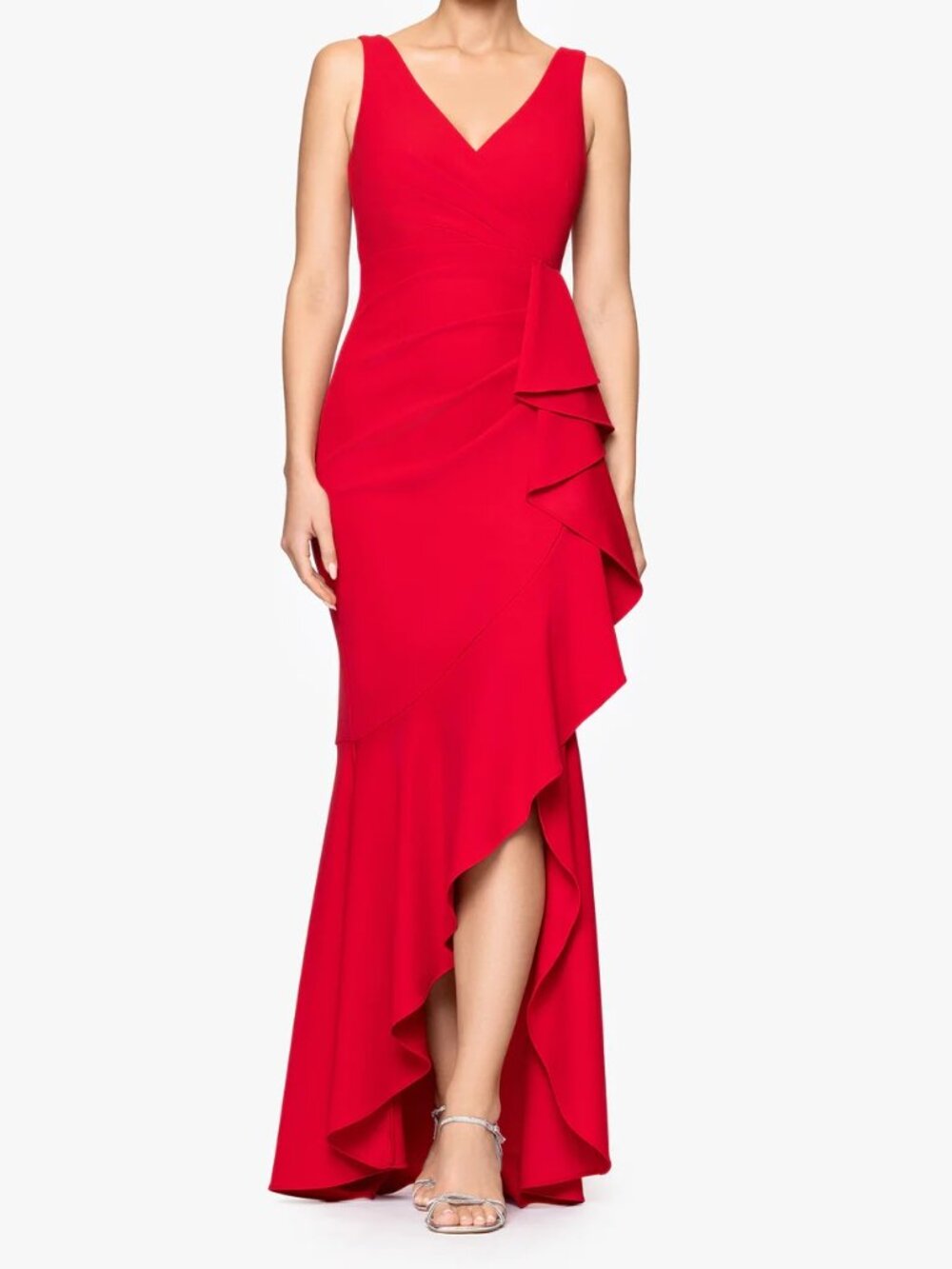 BETSY & ADAM (12) Red Candace V-Neck Hi Low Cascade Dress Gown Ruffle Long Hi-Lo